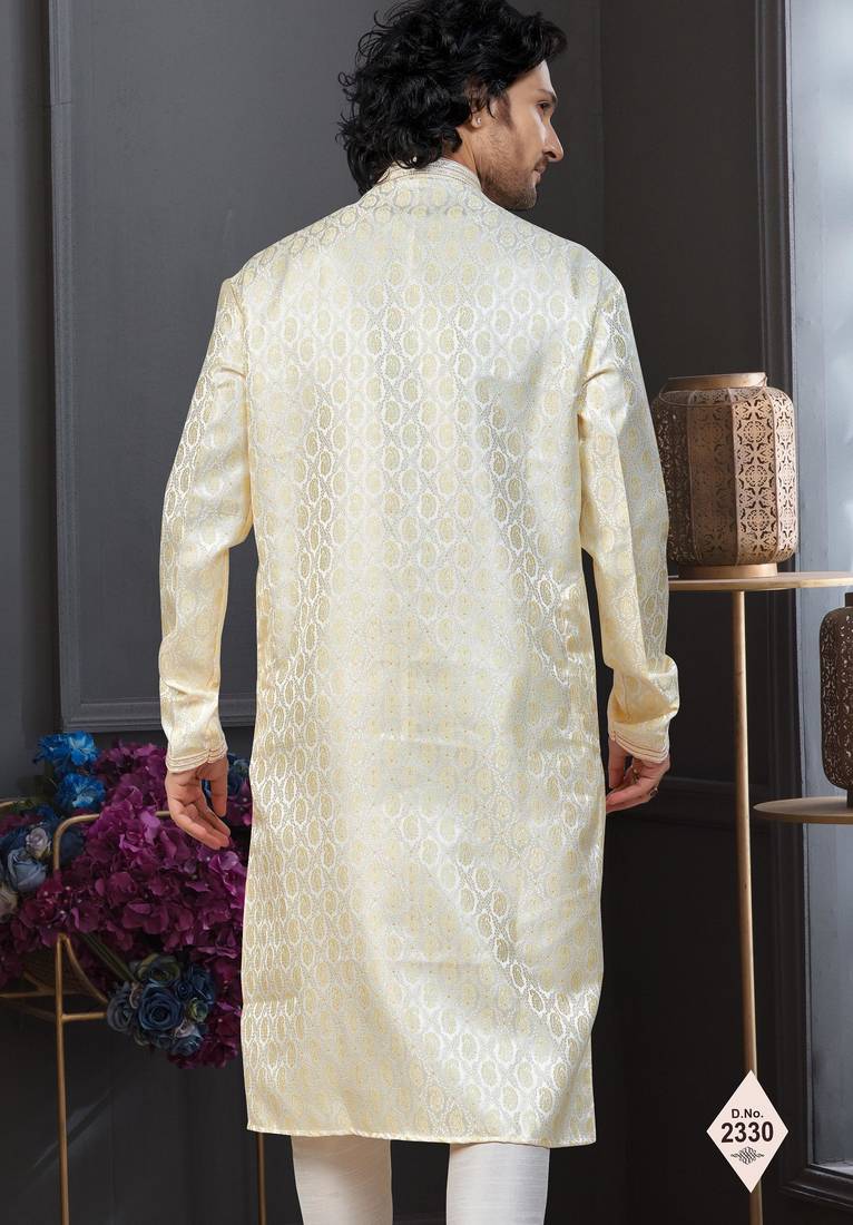 Yellow colour banarasi jacquard festive wear kurta pajama set with thread work and fancy buttons