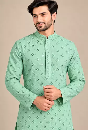 Light Green Trending Heavy Rayon Lakhnavi Sequin Thread Work Ethnic Festive Wear Kurta With Pyjama