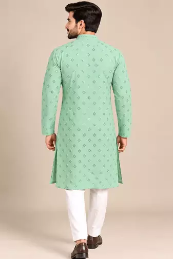 Light Green Trending Heavy Rayon Lakhnavi Sequin Thread Work Ethnic Festive Wear Kurta With Pyjama