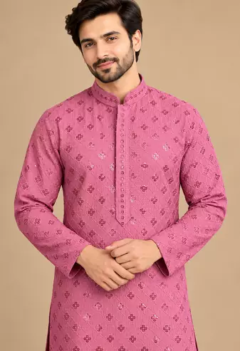Dusty Pink Trending Heavy Rayon Lakhnavi Sequin Thread Work Ethnic Festive Wear Kurta With Pyjama