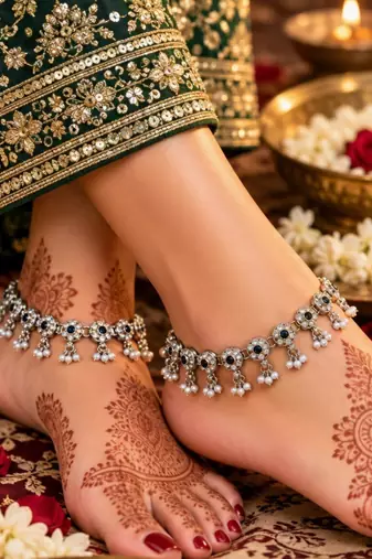 Green mehandi-plated agate stone anklets