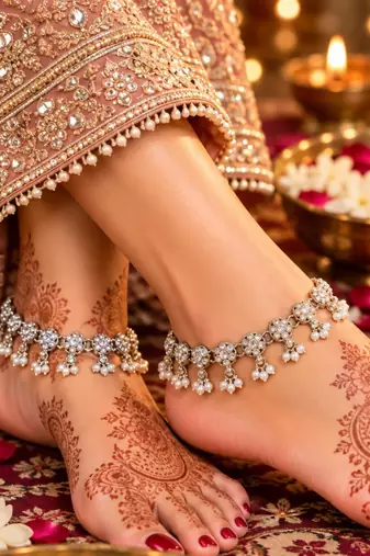 White mehandi-plated agate stone anklets