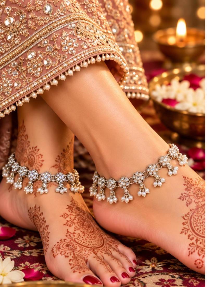 White mehandi-plated agate stone anklets