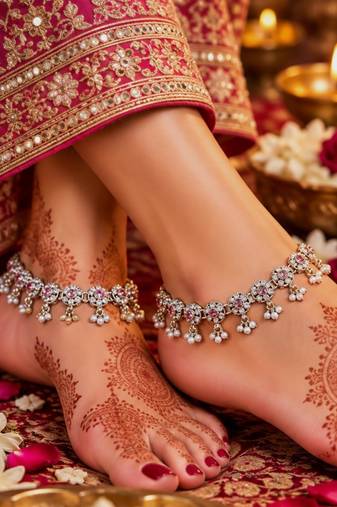 Baby pink mehandi-plated agate stone anklets