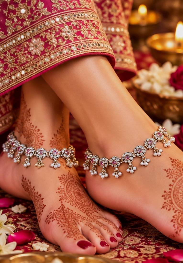 Baby pink mehandi-plated agate stone anklets
