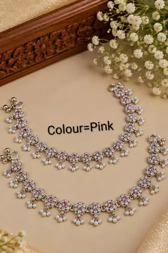 Baby pink mehandi-plated agate stone anklets