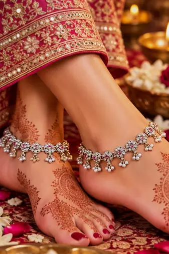 Baby pink mehandi-plated agate stone anklets