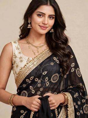 Premium space satin saree with sequin work blouse 4