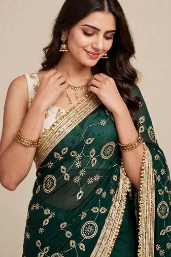 Designer space satin saree with contrast blouse