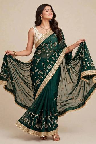 Designer space satin saree with contrast blouse