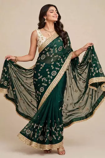 Designer space satin saree with contrast blouse