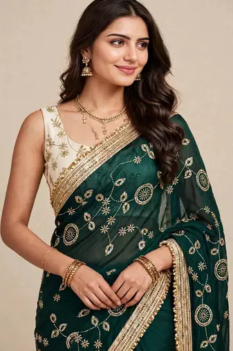 Designer space satin saree with contrast blouse