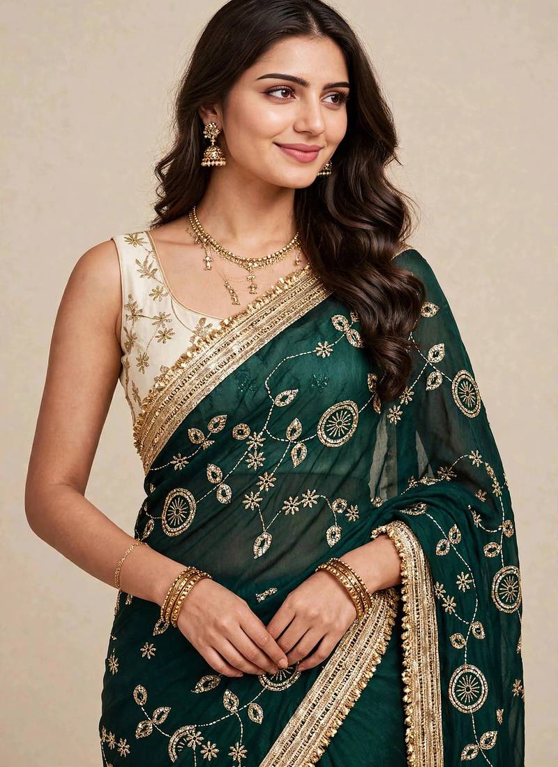Designer space satin saree with contrast blouse