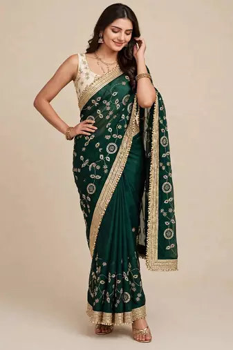 Designer space satin saree with contrast blouse