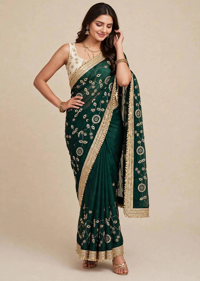 Designer space satin saree with contrast blouse