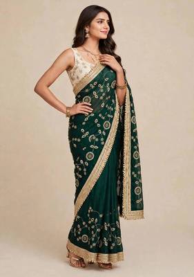 Designer space satin saree with contrast blouse 5
