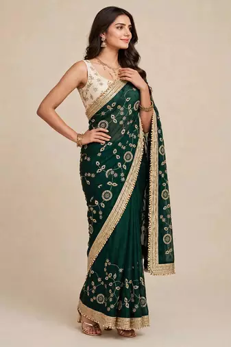 Designer space satin saree with contrast blouse
