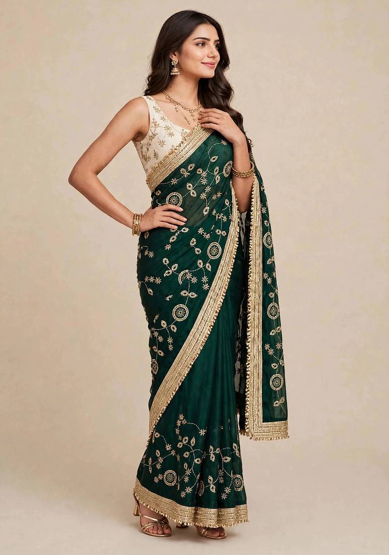 Designer space satin saree with contrast blouse