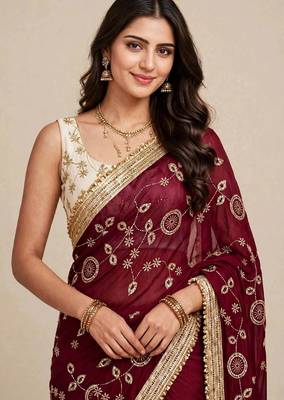 Partywear space satin saree with contrast blouse 2