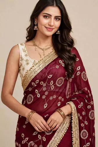 Partywear space satin saree with contrast blouse