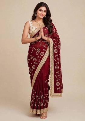 Partywear space satin saree with contrast blouse 3