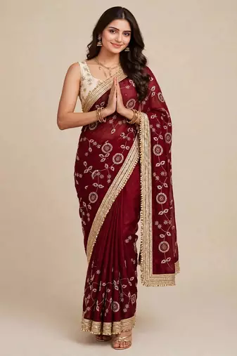 Partywear space satin saree with contrast blouse