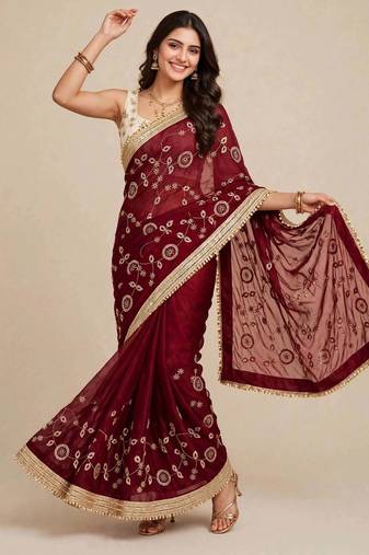 Partywear space satin saree with contrast blouse