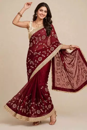 Partywear space satin saree with contrast blouse