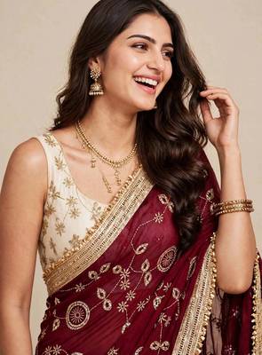 Partywear space satin saree with contrast blouse 4