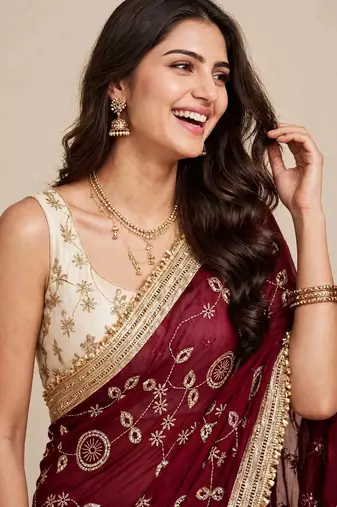 Partywear space satin saree with contrast blouse