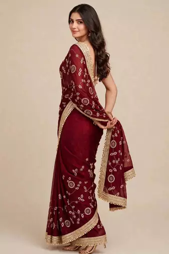 Partywear space satin saree with contrast blouse