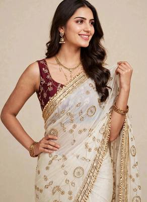 Festive space satin saree with contrast blouse 2