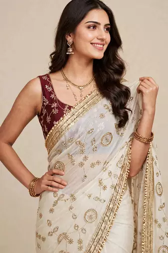 Festive space satin saree with contrast blouse