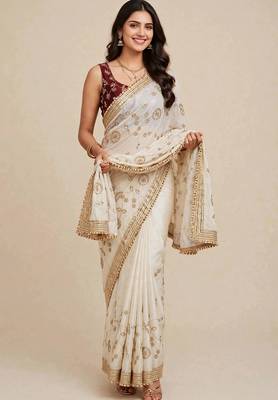 Festive space satin saree with contrast blouse 1