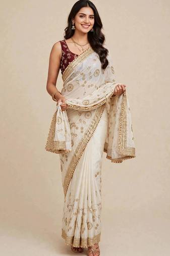 Festive space satin saree with contrast blouse