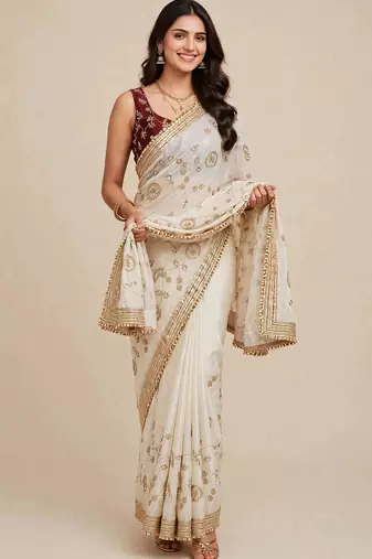 Festive space satin saree with contrast blouse