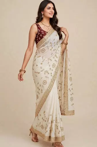 Festive space satin saree with contrast blouse