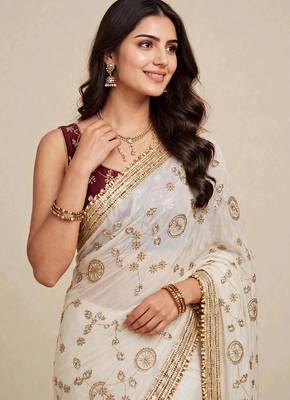 Festive space satin saree with contrast blouse 5