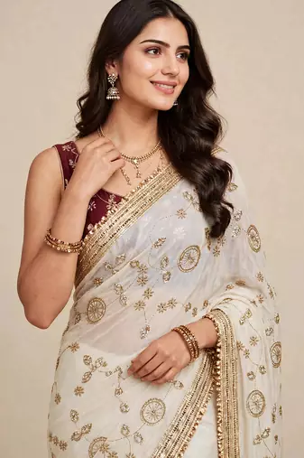 Festive space satin saree with contrast blouse