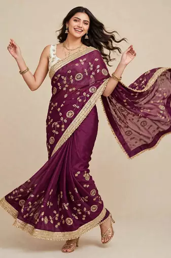 Glamorous space satin saree with sequin work