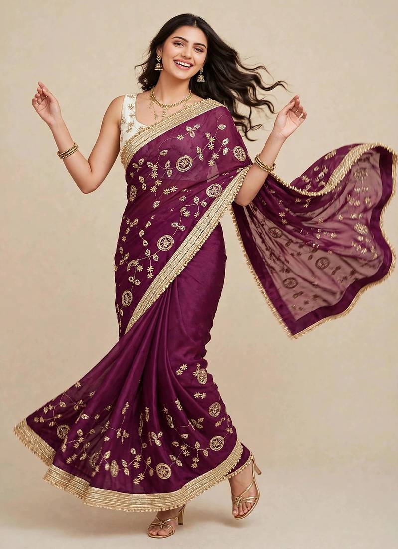 Glamorous space satin saree with sequin work