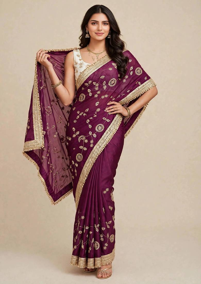 Glamorous space satin saree with sequin work