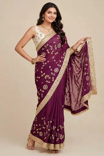 Glamorous space satin saree with sequin work