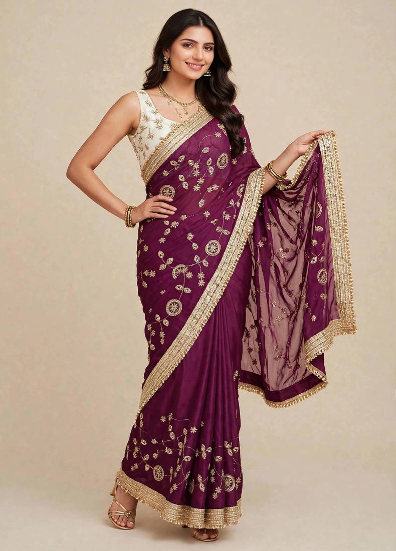 Glamorous space satin saree with sequin work