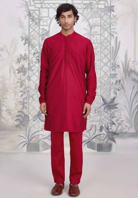 Buy red cotton pathani kurta pajama set 1