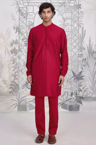 Buy red cotton pathani kurta pajama set