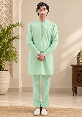 Buy sea green cotton pathani kurta pajama set 1