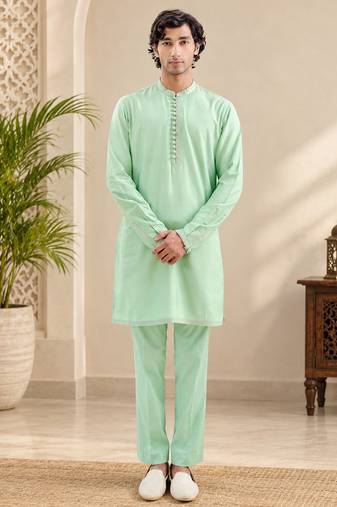 Buy sea green cotton pathani kurta pajama set