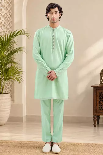 Buy sea green cotton pathani kurta pajama set