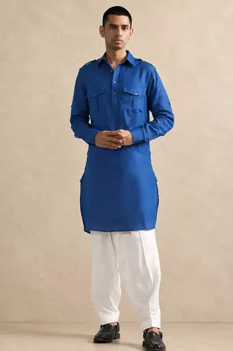 Buy blue cotton pathani kurta pajama set